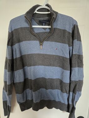 Tommy Hilfiger Men’s Blue and Gray Striped Half-Zip Sweater